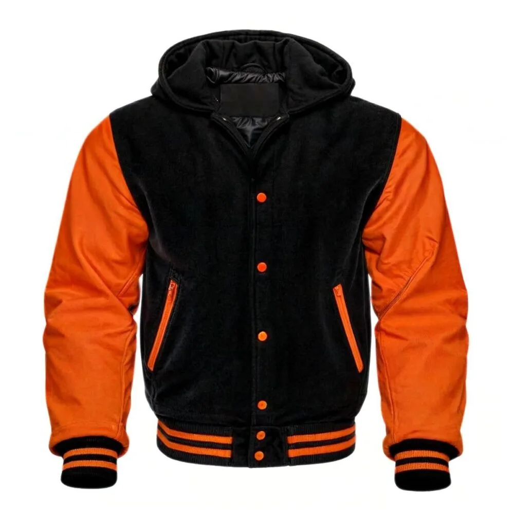 Black and Orange Hooded Varsity Jacket