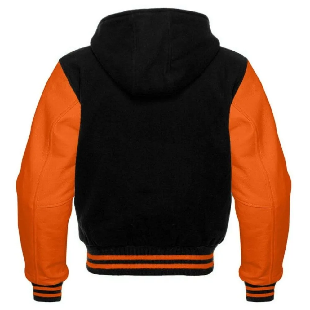 Black and Orange Hooded Varsity Jacket