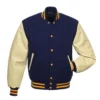 Navy Blue and Natural Leather Varsity Jacket